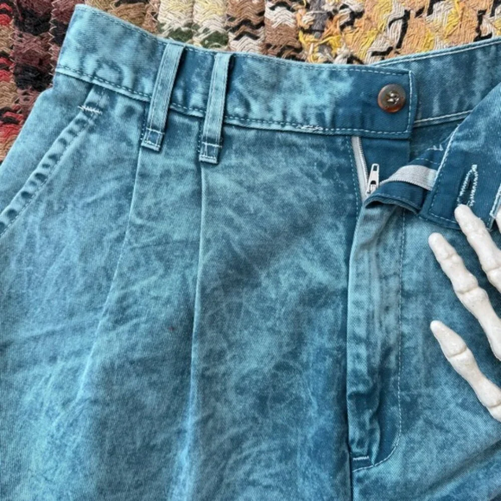 💀 SOLD 💀 Vintage 80s Teal Blue Acid Wash High Waisted Pleated Trousers ~ Size 28 - Picture 6 of 8